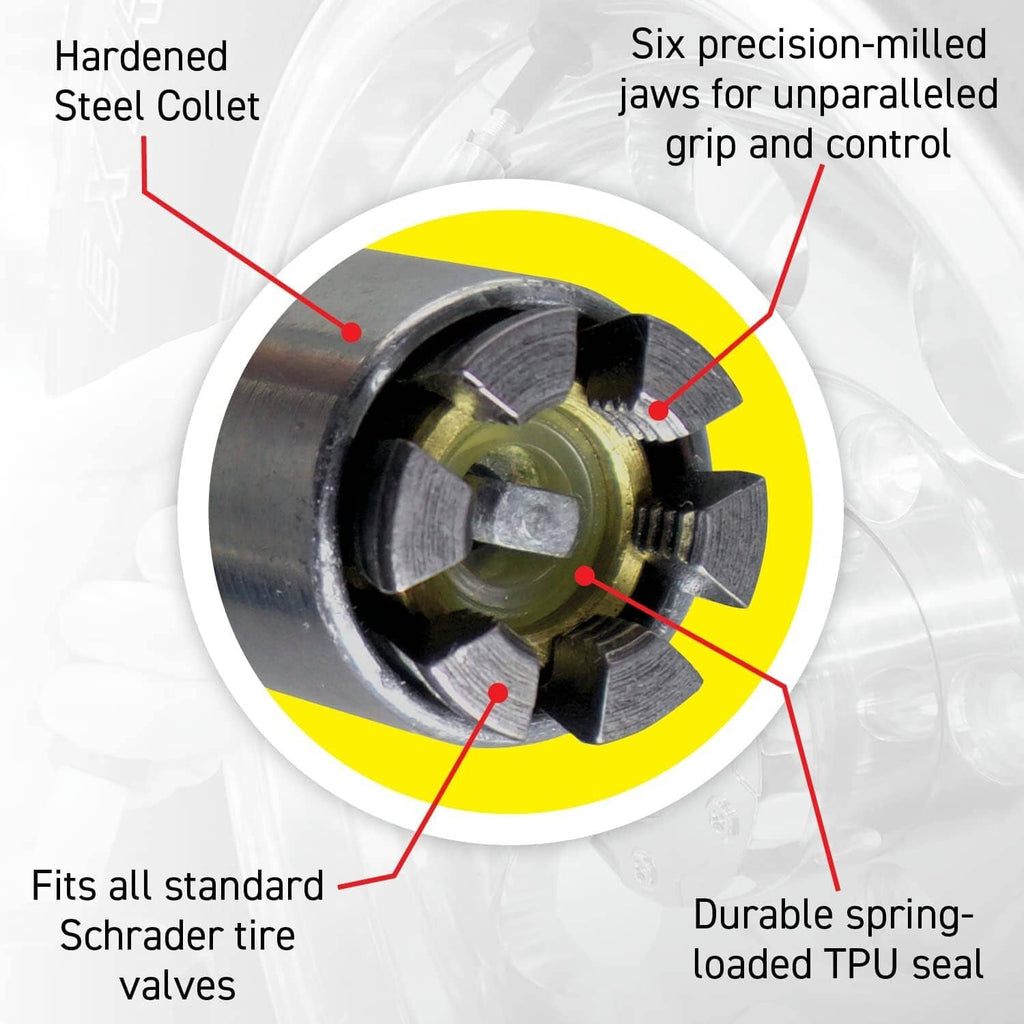 Steel collet air chuck with six jaws and a durable spring-loaded TPU seal