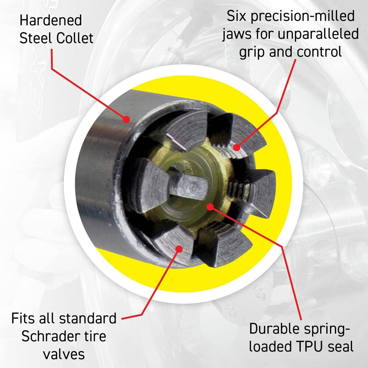 Steel collet air chuck with six jaws and a durable spring-loaded TPU seal