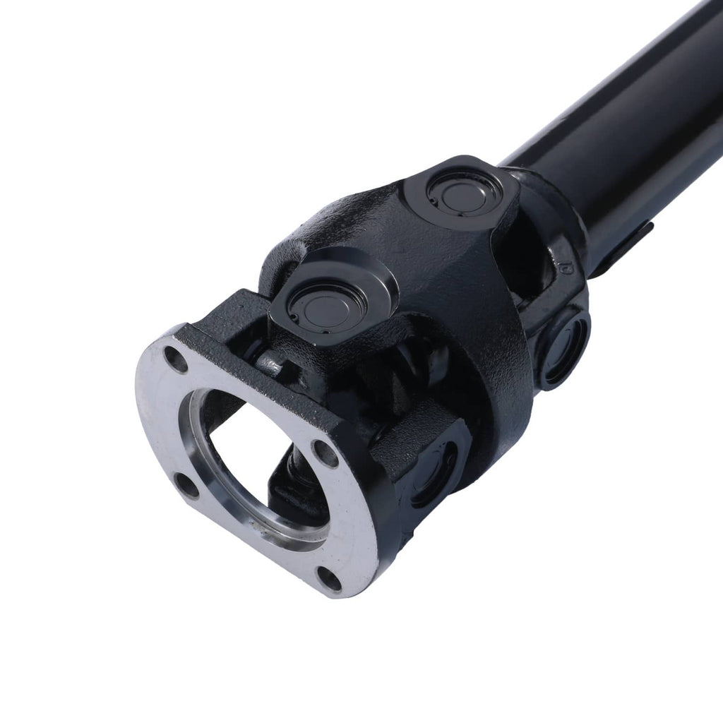 Front drive shaft assembly with U-joint flange and mounting holes, black metal housing