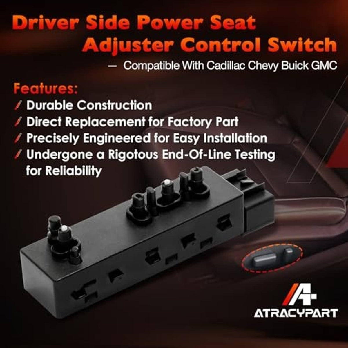 Power seat adjust control switch with durable housing and pin input terminals