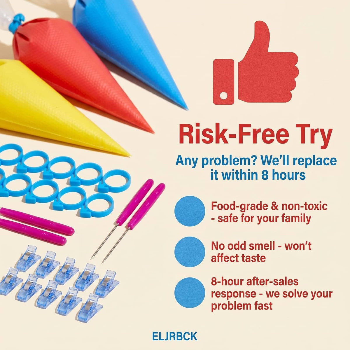 Tipless piping bags with blue tie rings and purple nozzles, assorted colors
