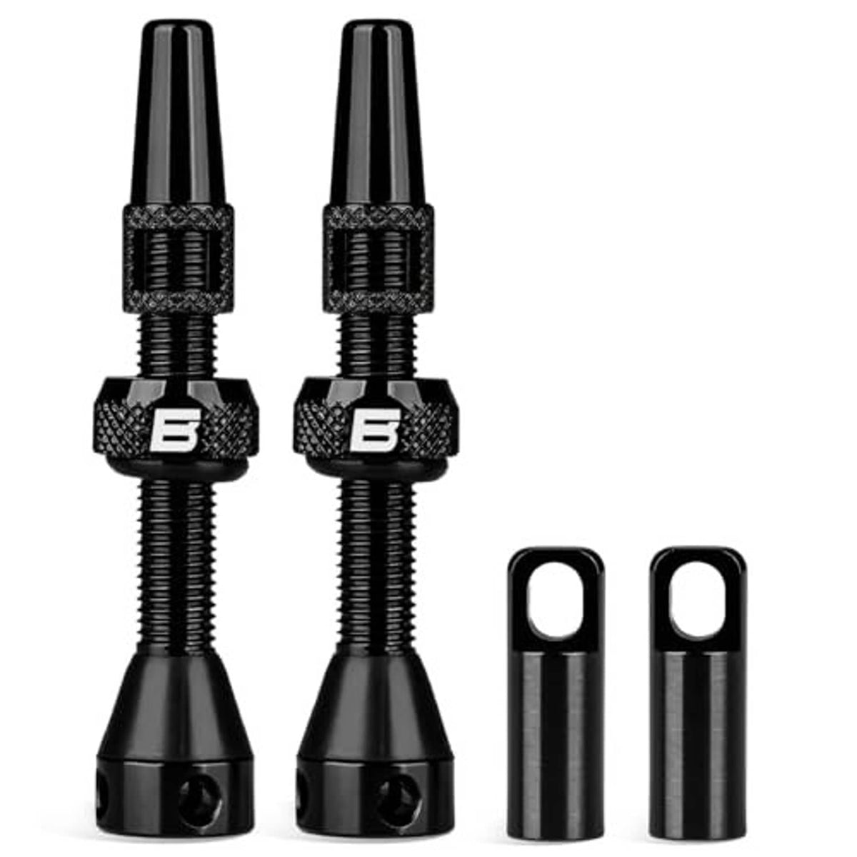 Black Presta tubeless valve stems with two caps; two stems and two hollow sleeves
