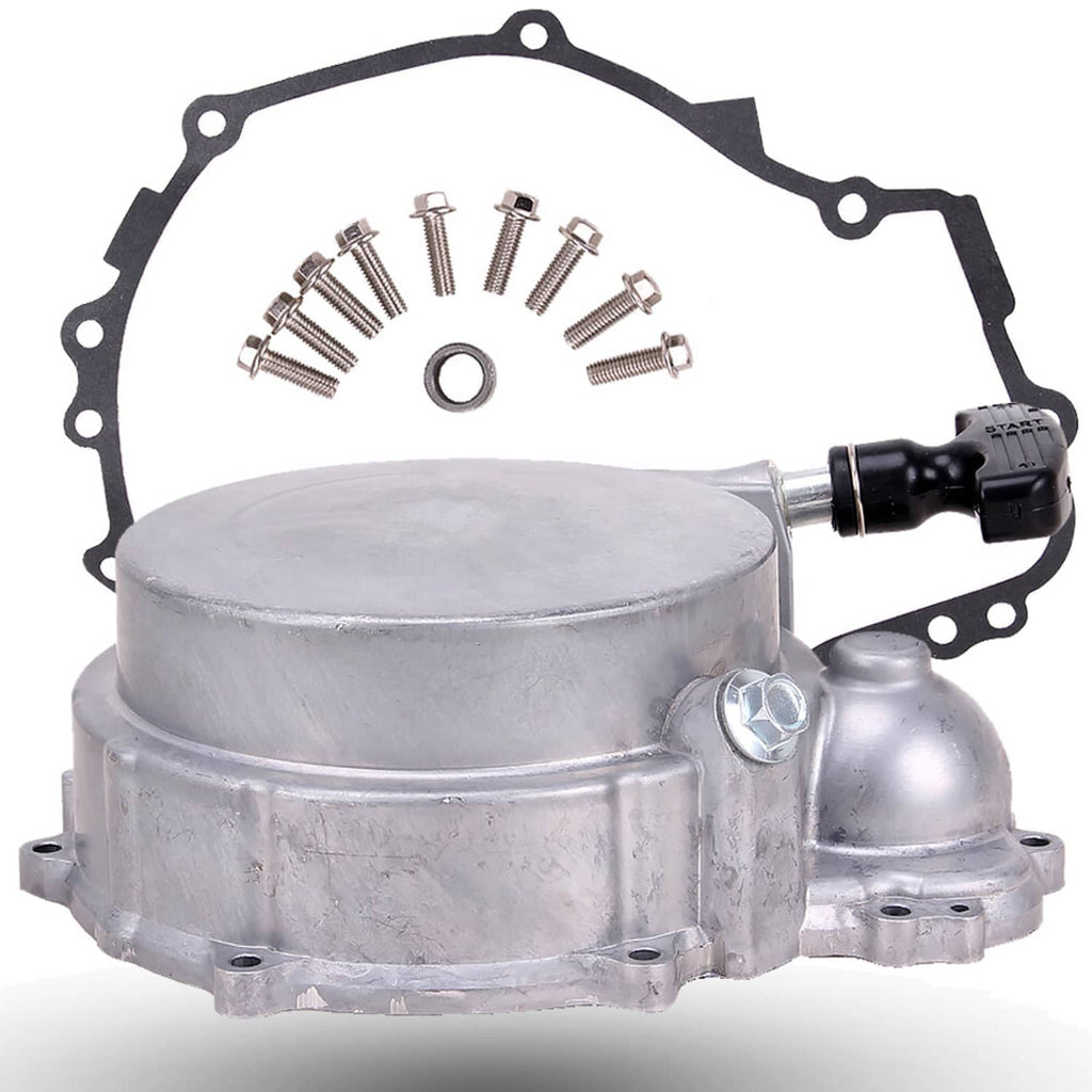 Metal recoil starter cover with black pull handle and mounting screws, gasket included