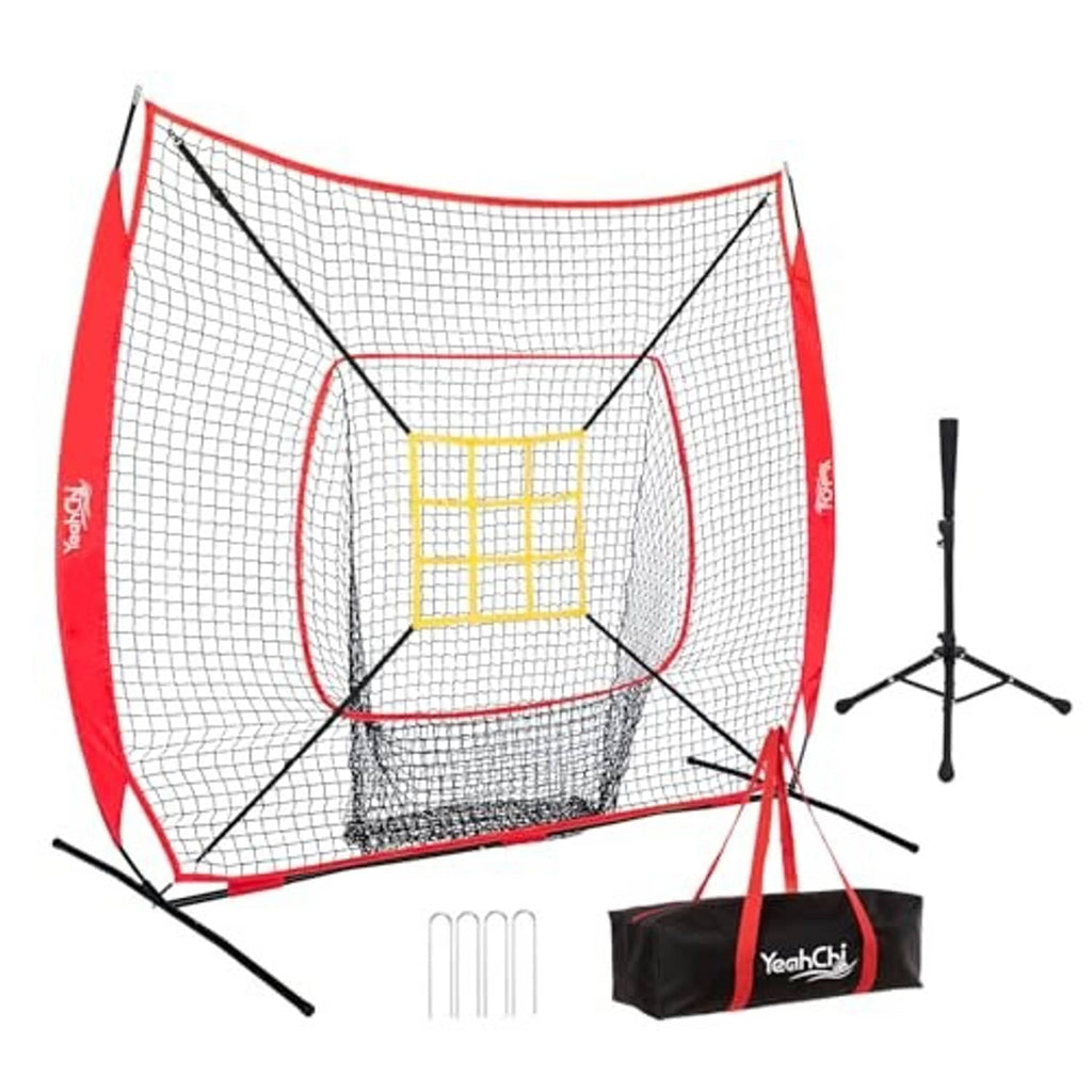 Red and white baseball training net with central target window and ground stakes