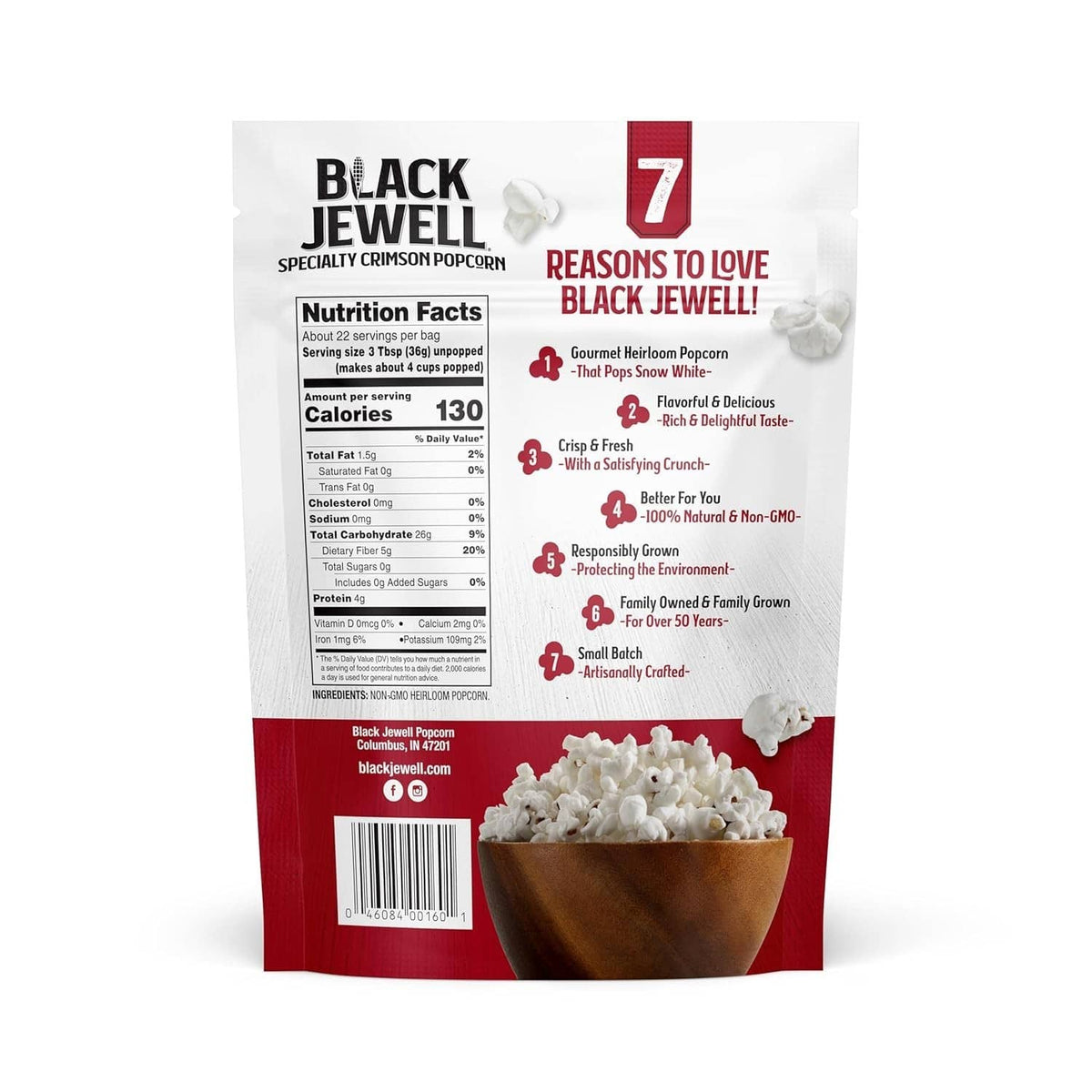Black Jewell crimson popcorn pouch back panel with nutrition facts and serving info