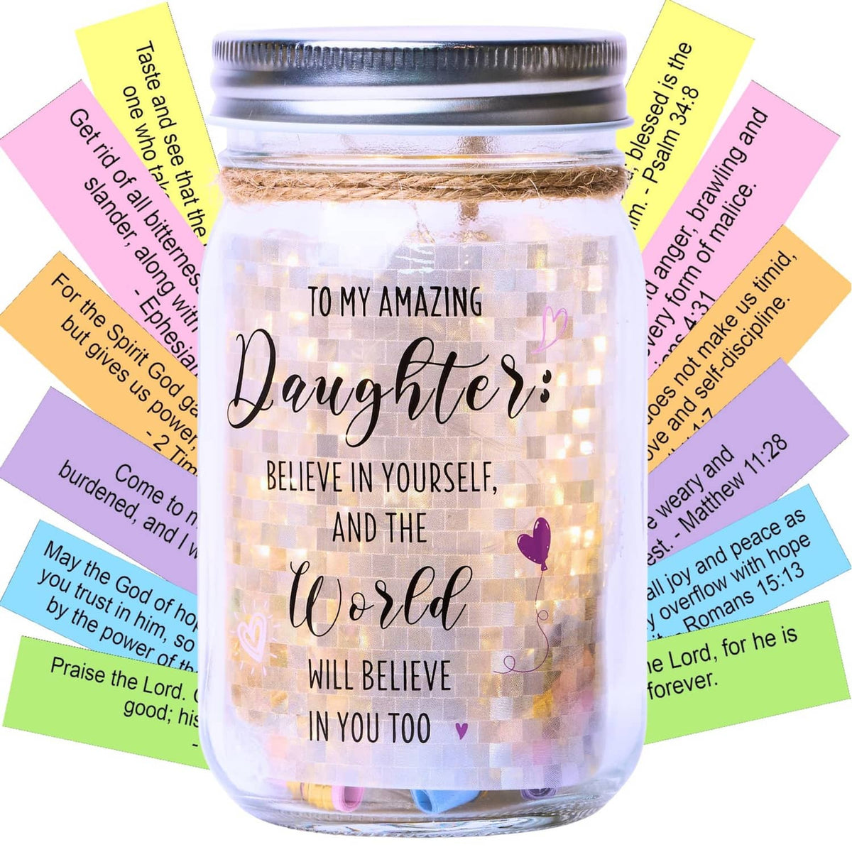 Clear LED mason jar with “Daughter” Bible verse text and purple hearts and accents
