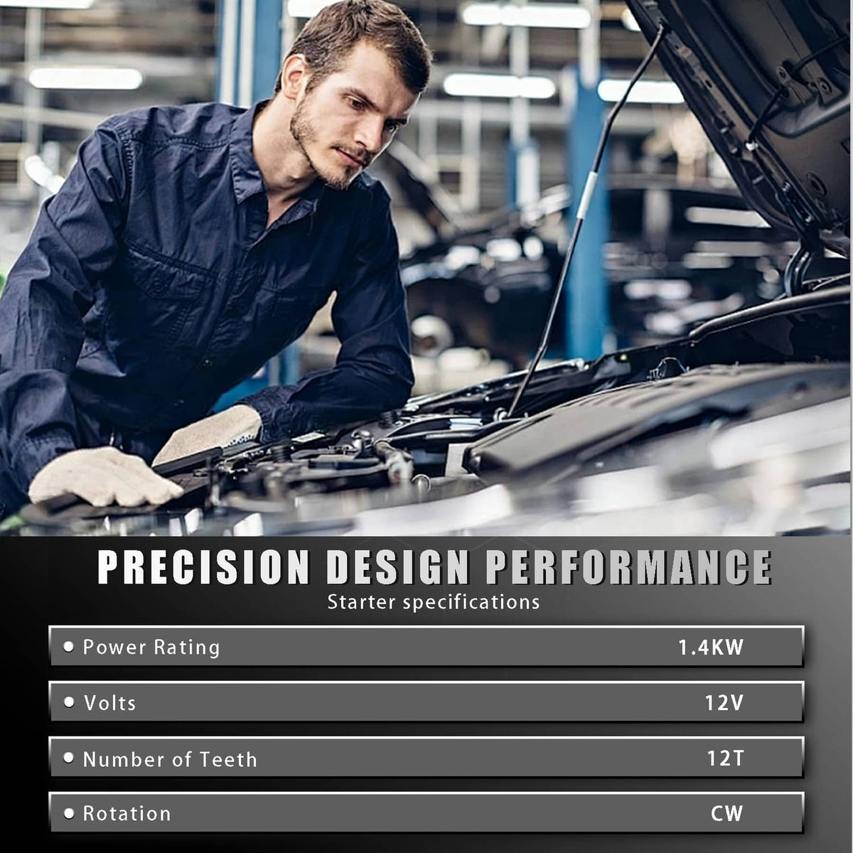 Starter specifications graphic and mechanic working under a car hood