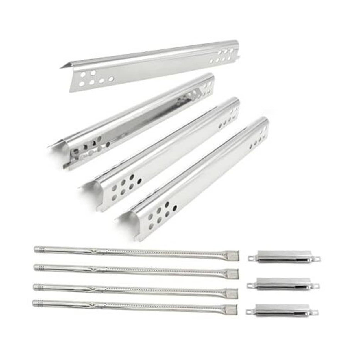 Stainless steel grill burner tubes and perforated heat shields, replacement parts set