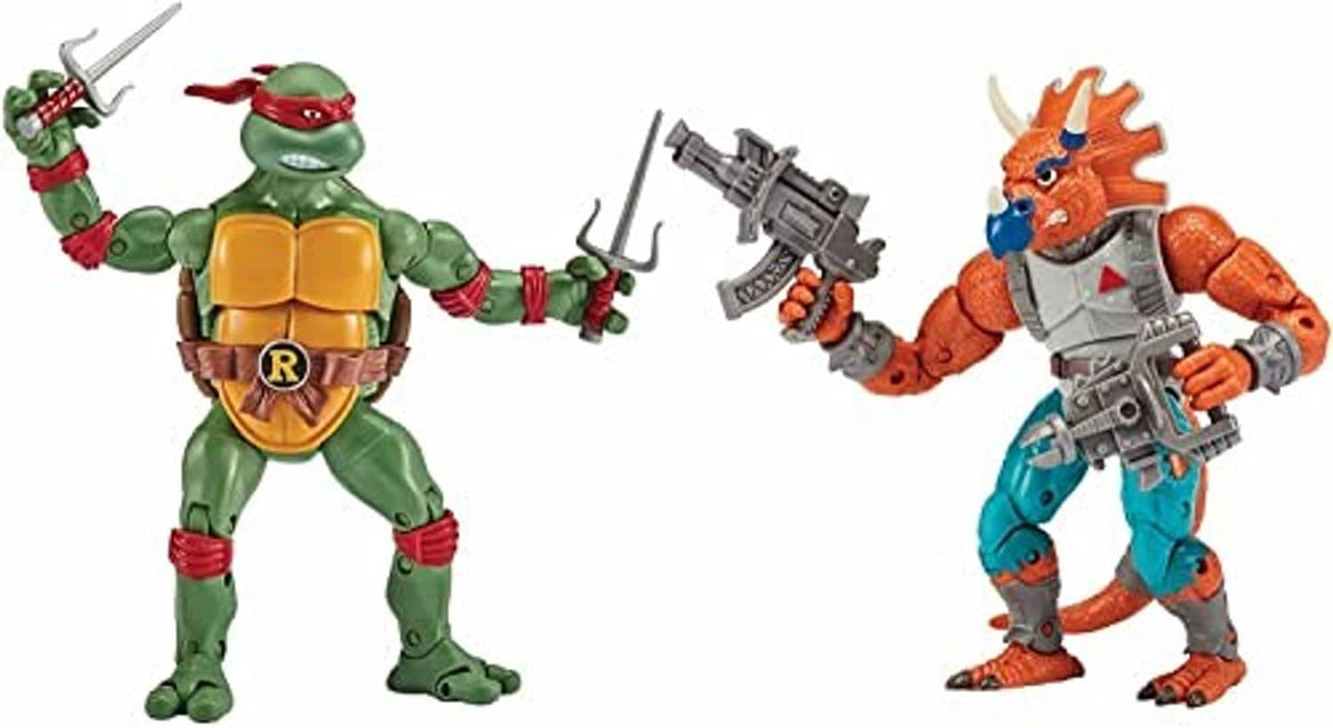 TMNT action figure 2-pack: green turtle with sword and orange triceraton with blaster