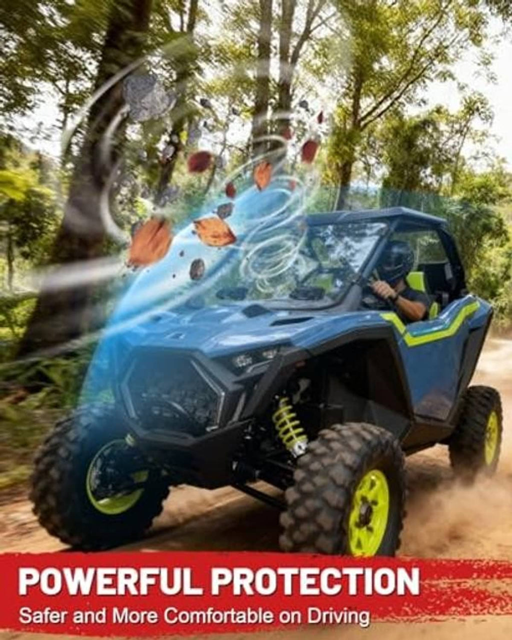 Blue off-road UTV with tinted windshield for protection during dusty trail riding