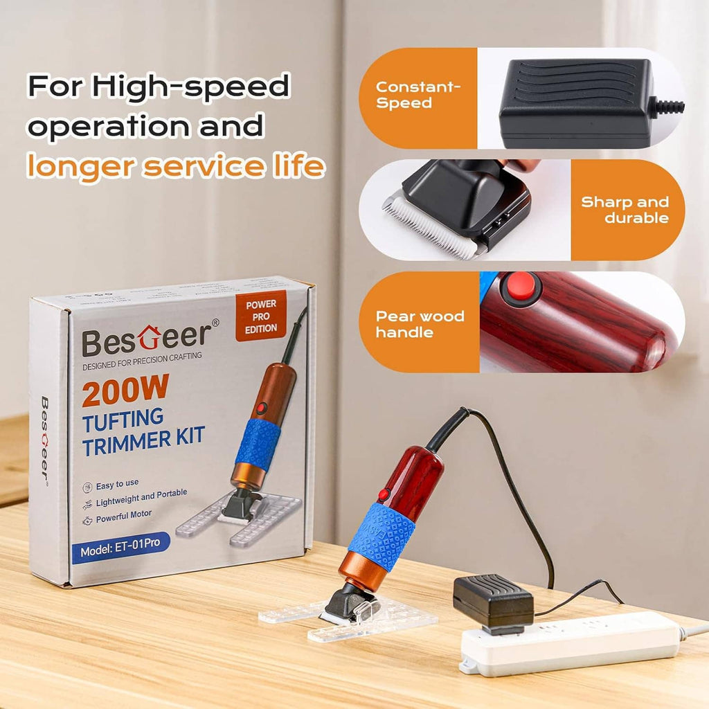 Carpet tufting trimmer kit with red-and-brown motor body and flat guide base