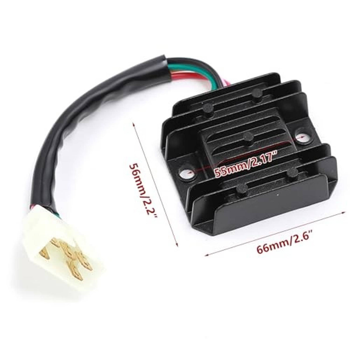 Voltage regulator rectifier with 5-pin connector and multicolor wire harness, black housing