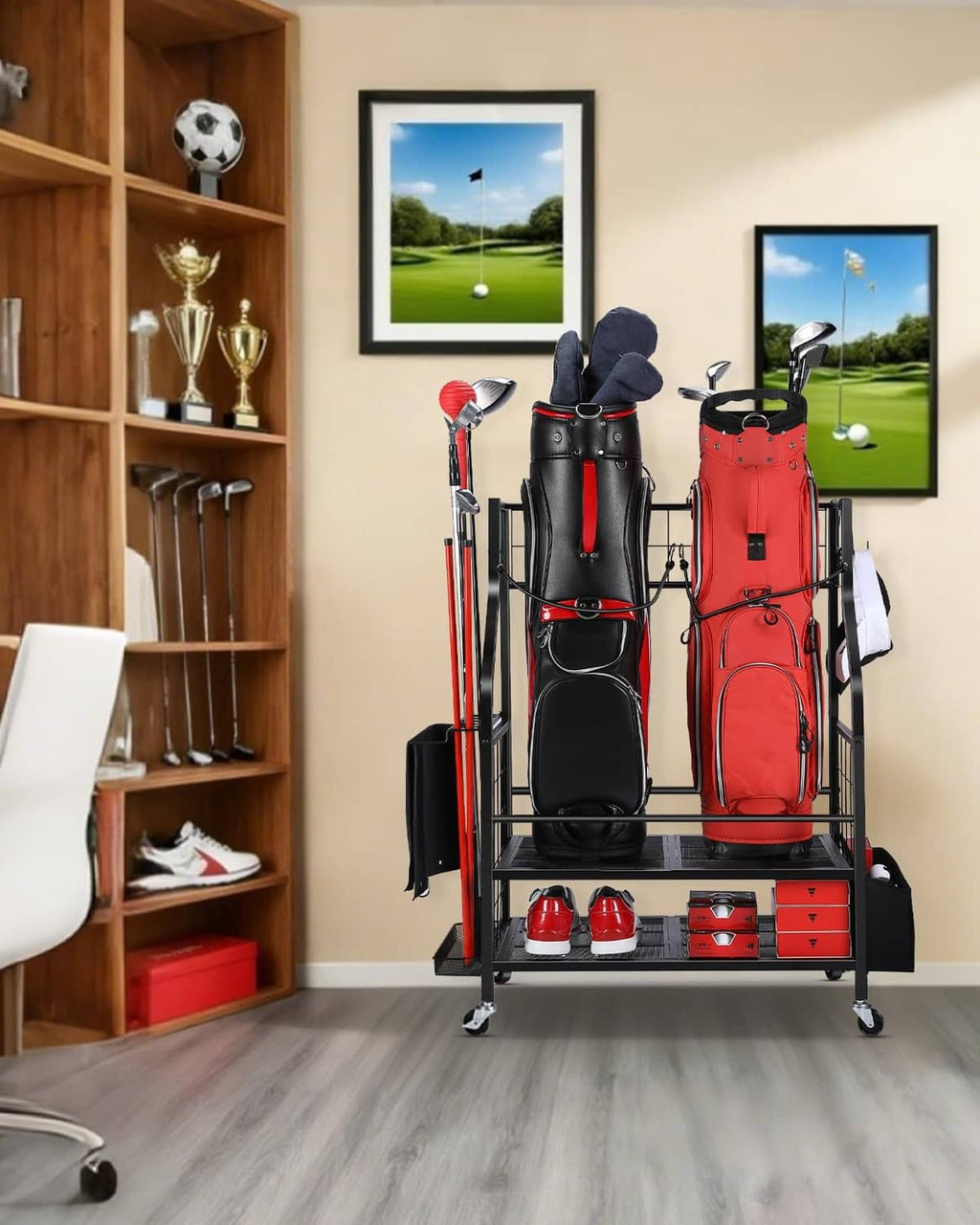 Golf bag storage rack with black and red bags, metal stand, and lower shoe/cubby shelves