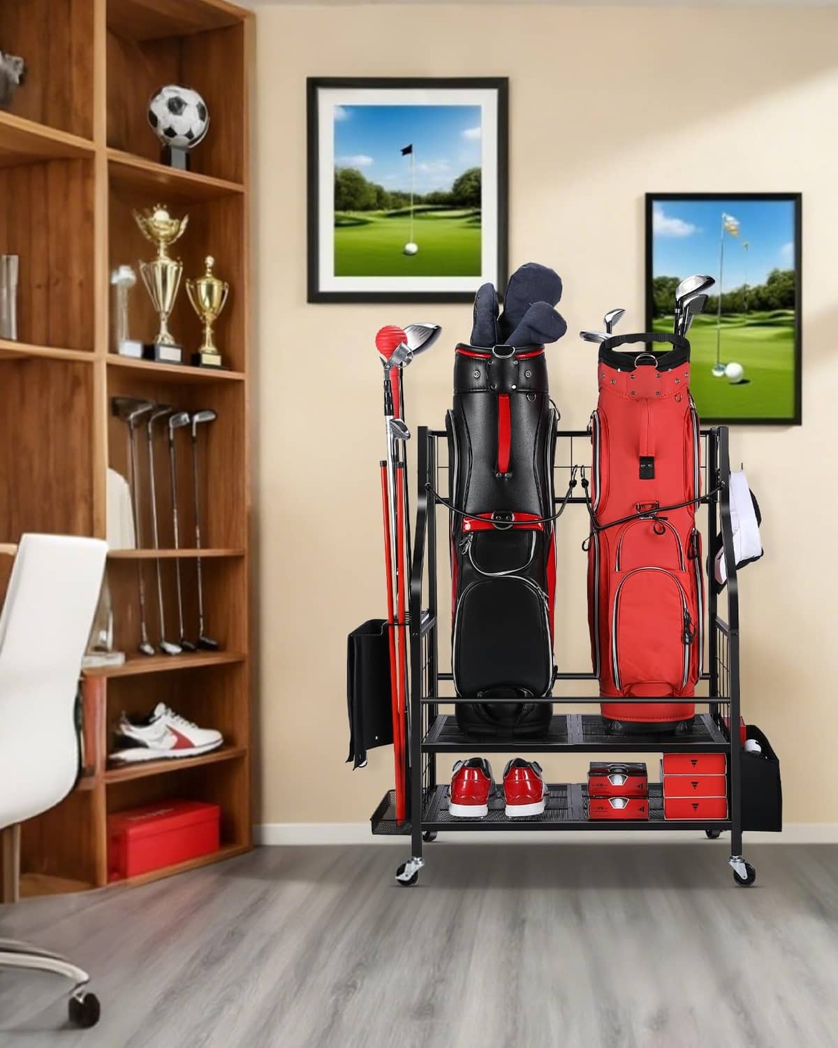 Golf bag storage rack with black and red bags, metal stand, and lower shoe/cubby shelves