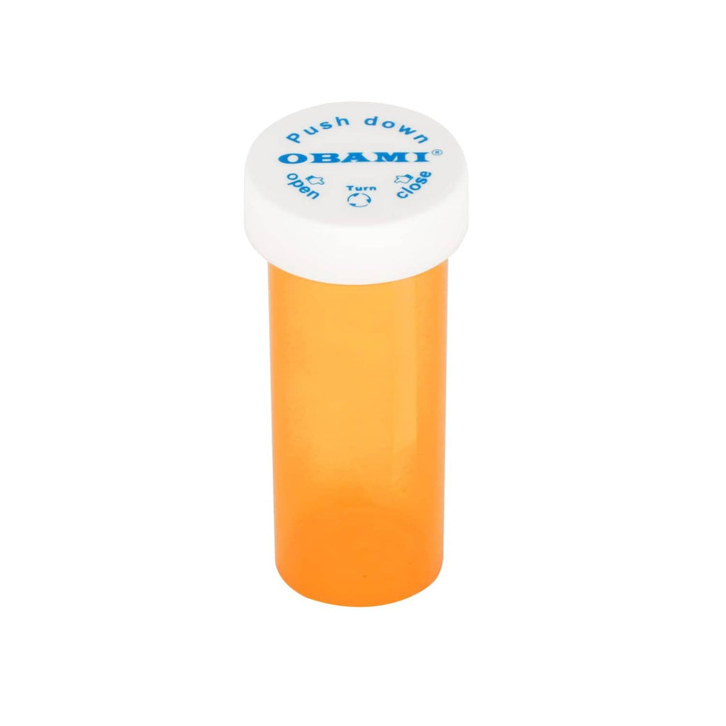 Orange plastic pill bottle with white OBAMI push-down cap