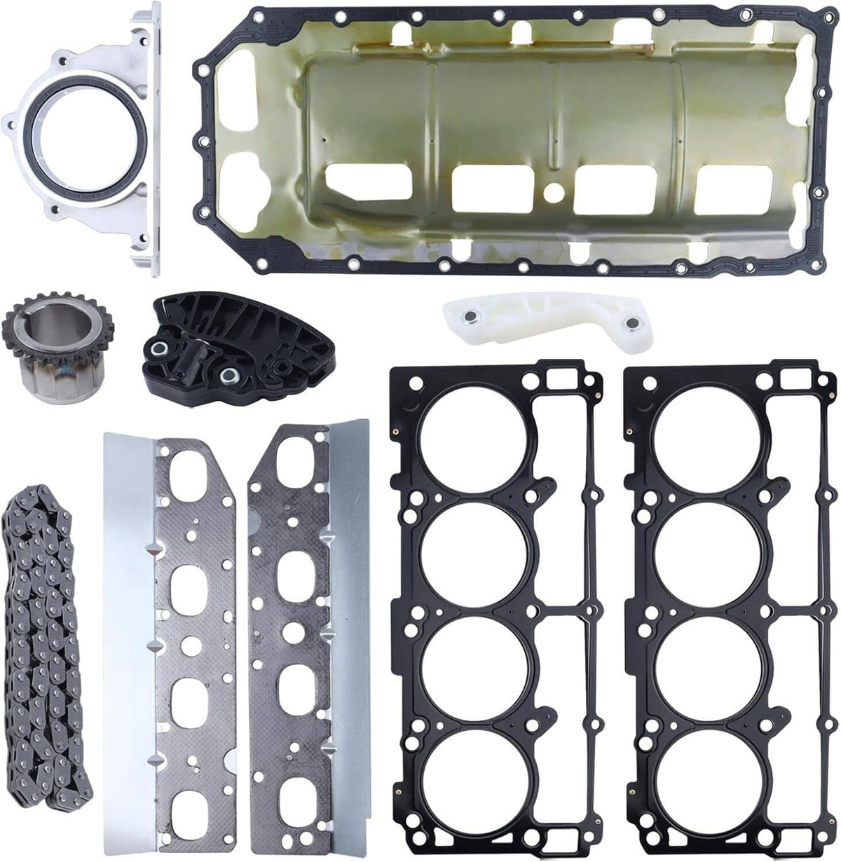 Engine timing and gasket kit with camshaft-related parts and cylinder head gaskets