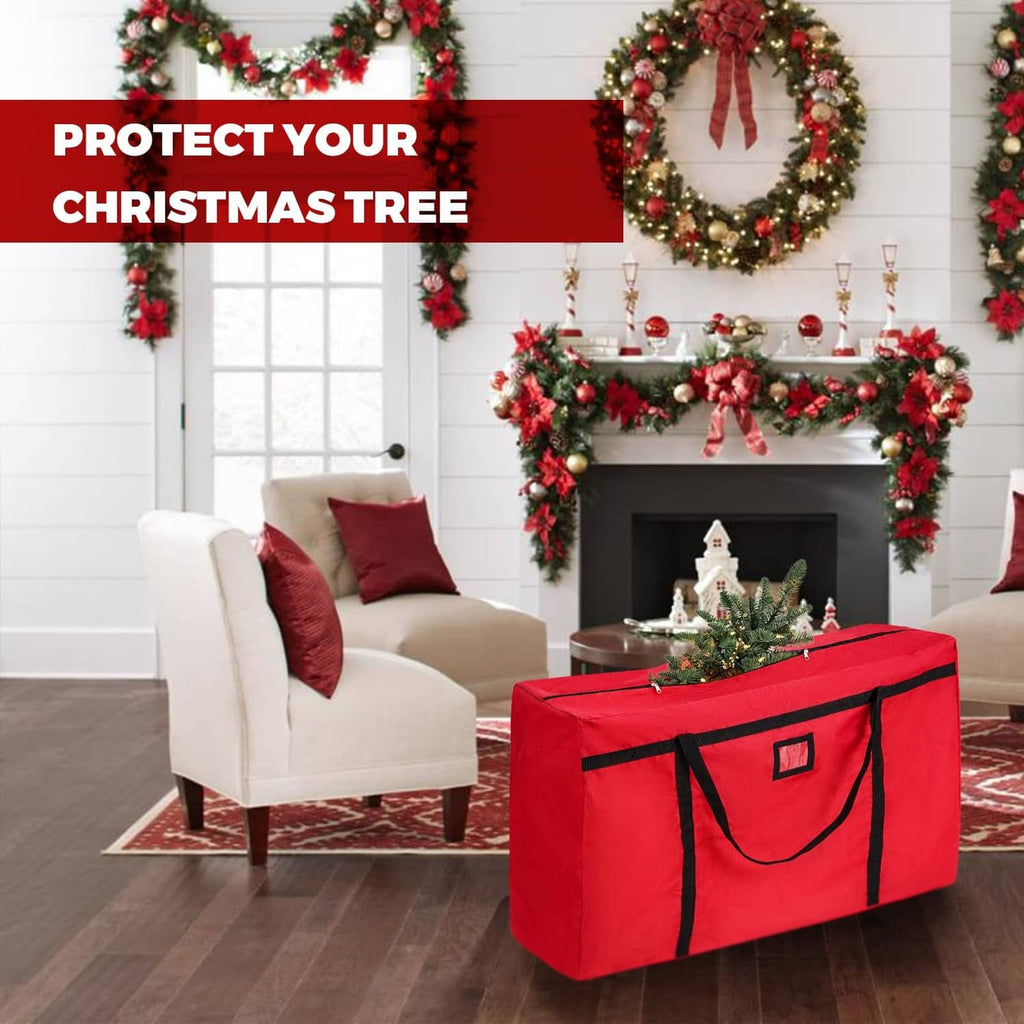 Red storage bag for artificial Christmas tree with black straps and front card slot.