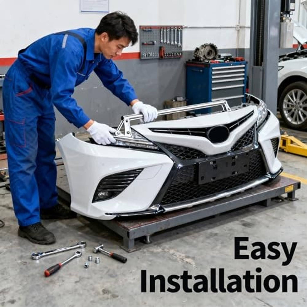Front bumper bracket being installed on a vehicle front, dark gray mounting piece