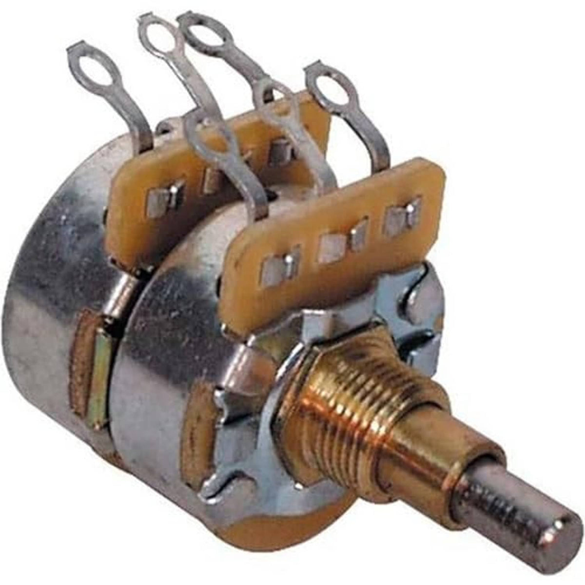 Fender concentric solid-shaft potentiometer showing mounting holes and knurled front shaft