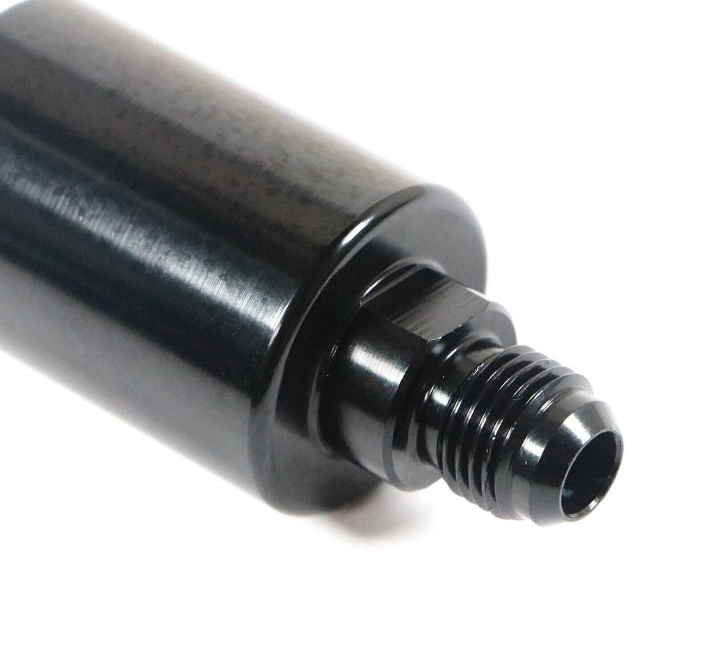 Inline AN6 fuel filter outlet close-up with black fittings and threaded connector