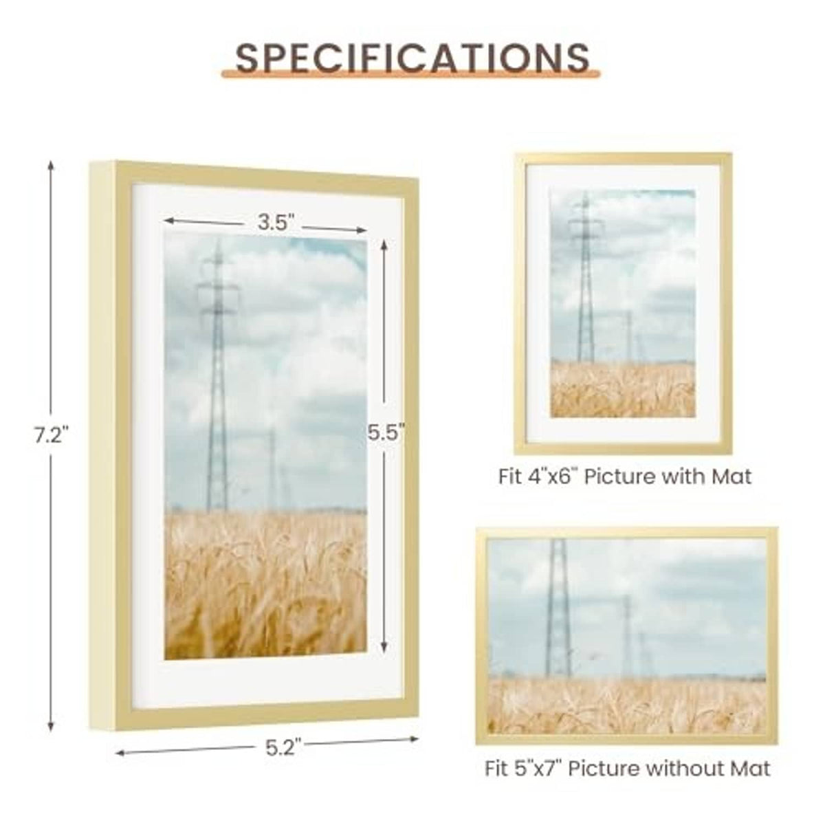 Gold 5x7 metal photo frame; fits 4x6 with mat and 5x7 without mat