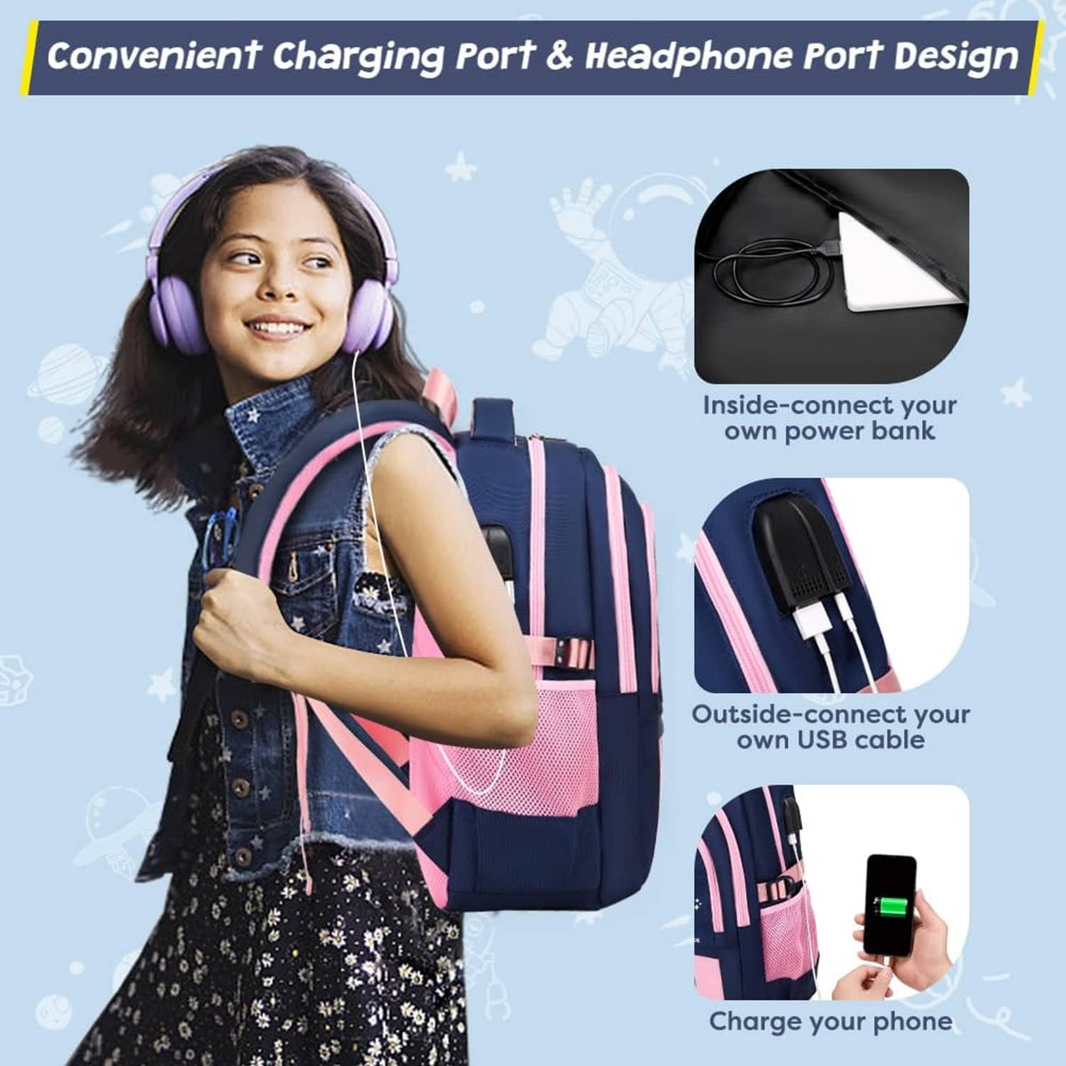 Navy and pink astronaut school backpack with USB charging and headphone port