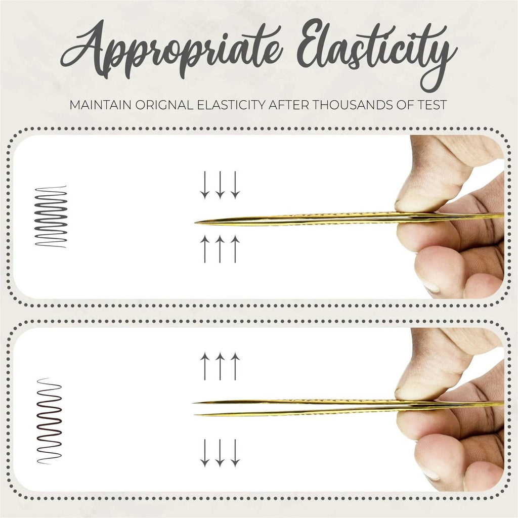 Gold eyelash tweezers with textured grip and pointed tips held in hand