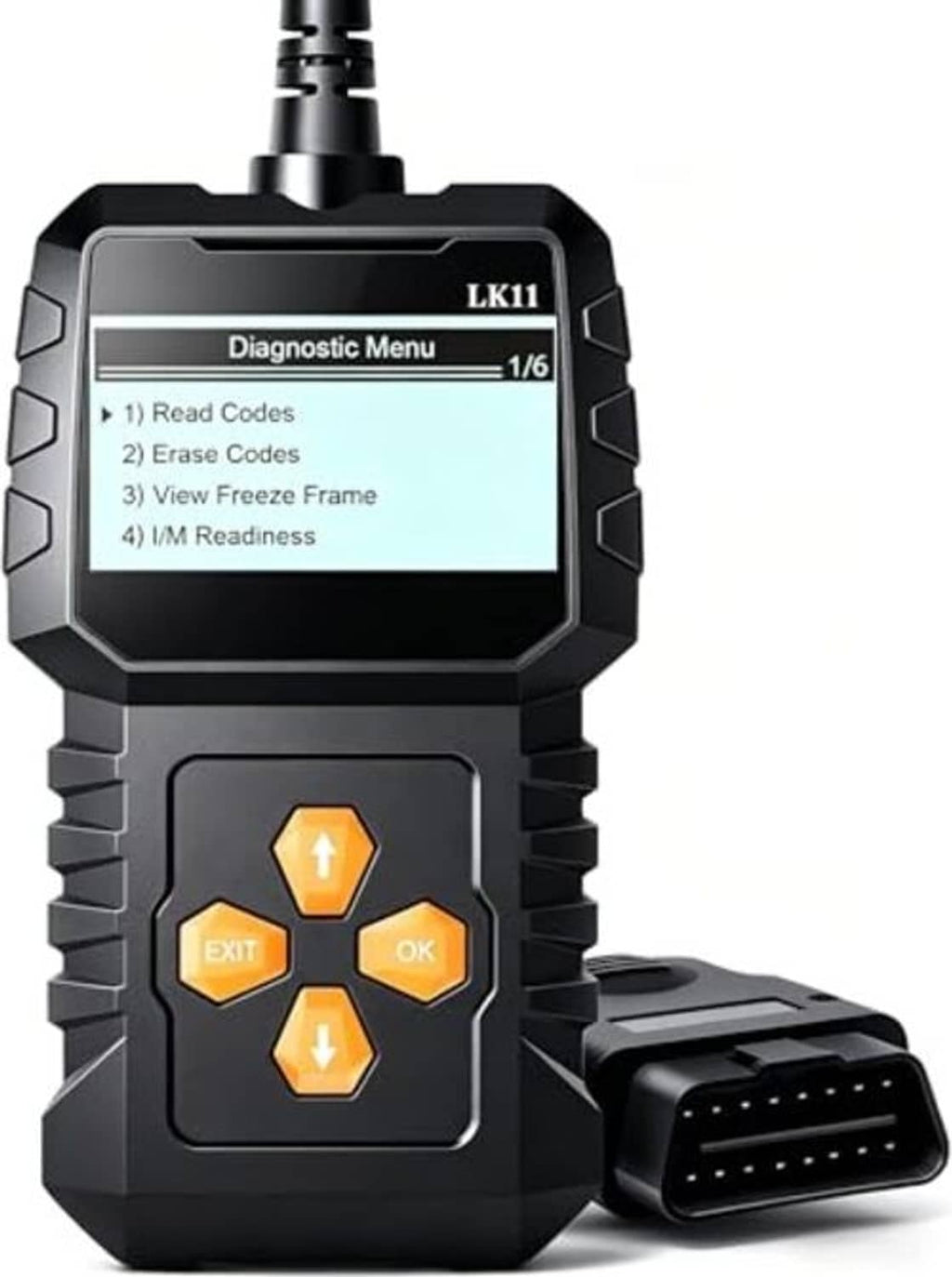 Black OBD2 scanner with Diagnostic Menu on display and orange-lit OK/Exit arrow buttons