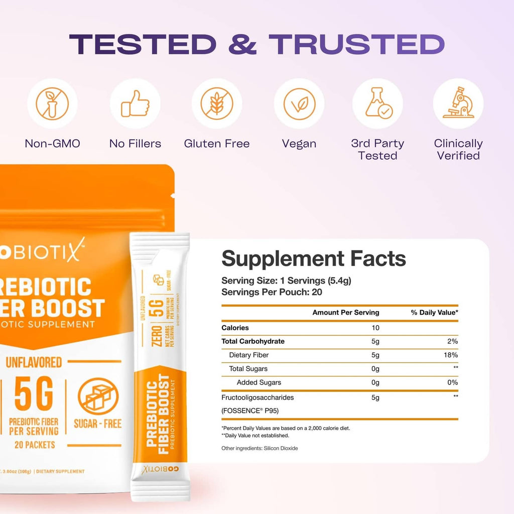 GoBiotix prebiotic fiber boost pouch with Supplement Facts panel and stick packet