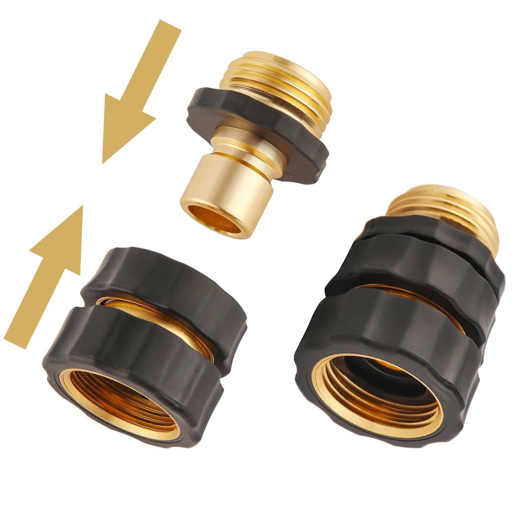 Four hose quick-connect fittings with black grips and brass threaded ends