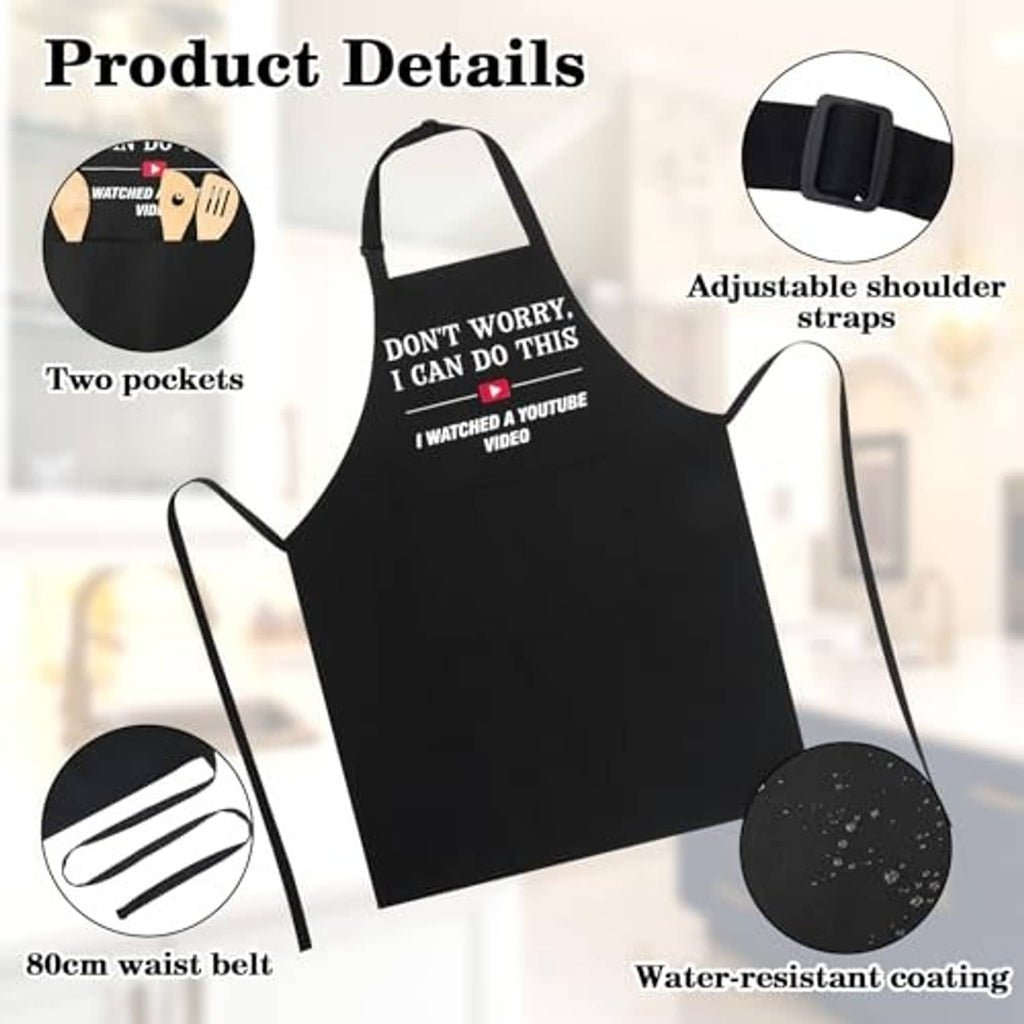 Black apron details: adjustable shoulder straps, two pockets, water-resistant coating