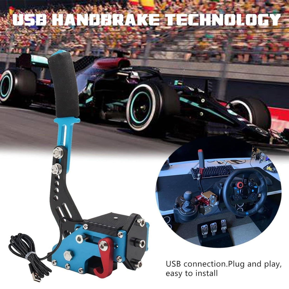 USB handbrake controller with black sponge grip, blue metal frame, and attached cable