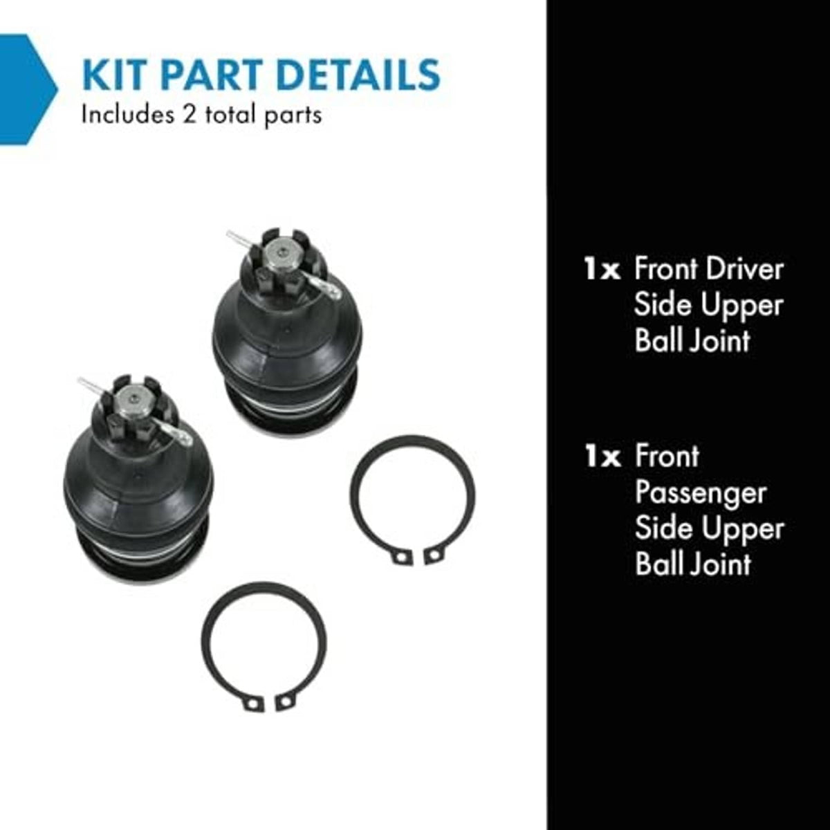 Front upper ball joint kit showing two ball joints and two retaining rings
