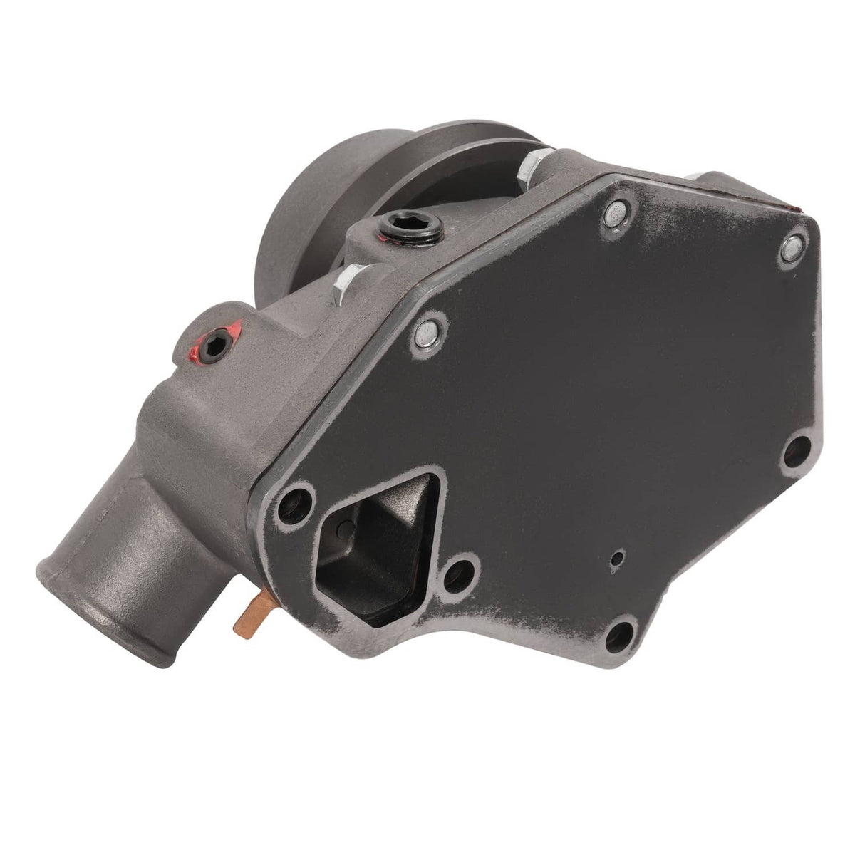 Water pump assembly with gray metal body, circular outlet, and black side cover