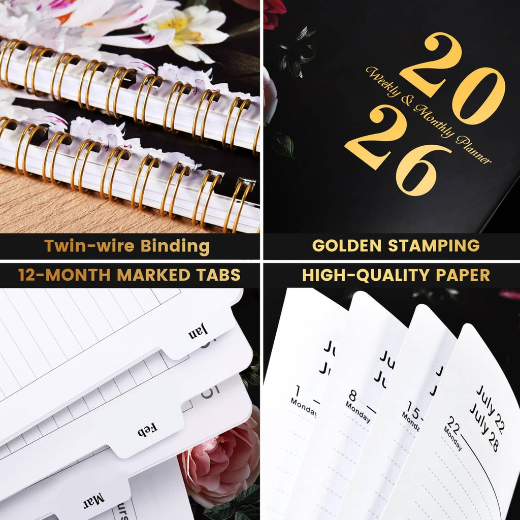 Planner details: twin-wire spiral binding, gold stamping, marked tabs, and paper pages