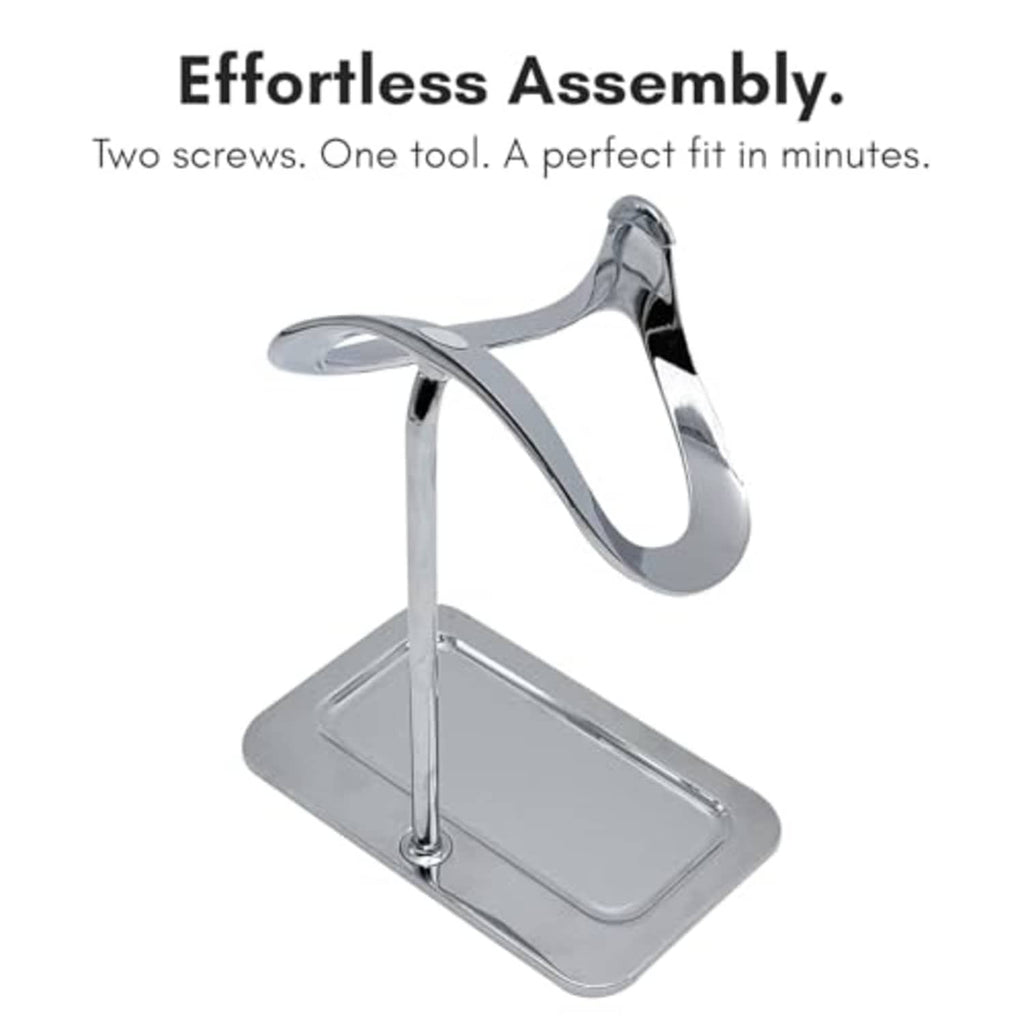 Silver stand with curved support arm and rectangular base plate