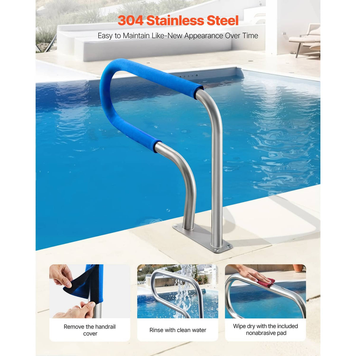304 stainless steel pool handrail with blue padded top grips and two upright posts