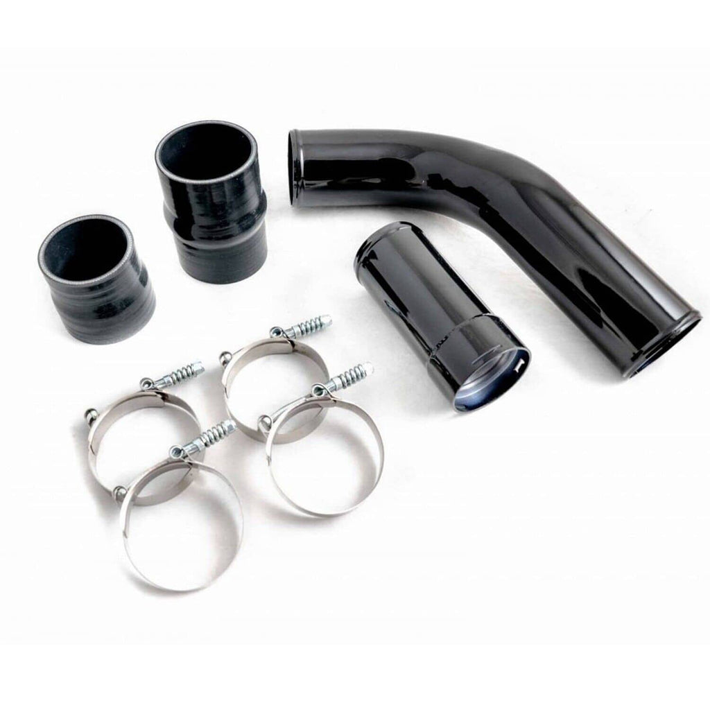 Black curved intercooler cold-side pipe with clamps and silicone couplers