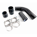 Black curved intercooler cold-side pipe with clamps and silicone couplers