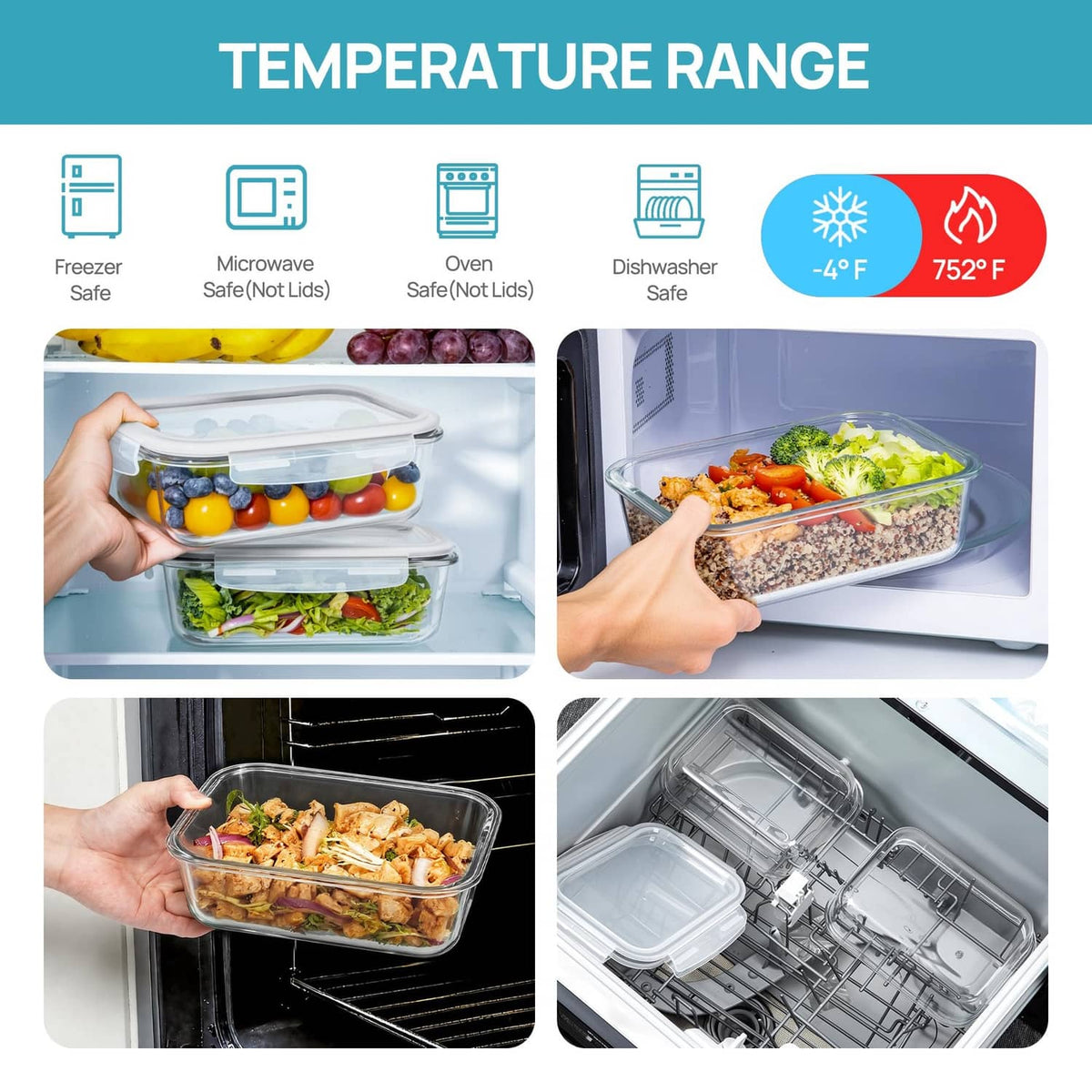 Clear glass food storage containers for freezer, microwave, oven, and dishwasher
