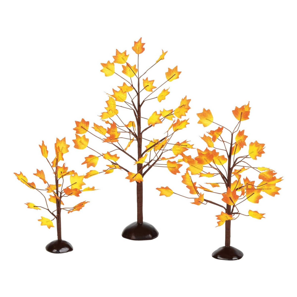 Set of 3 autumn maple tree decorations with orange and yellow leaves on dark round bases