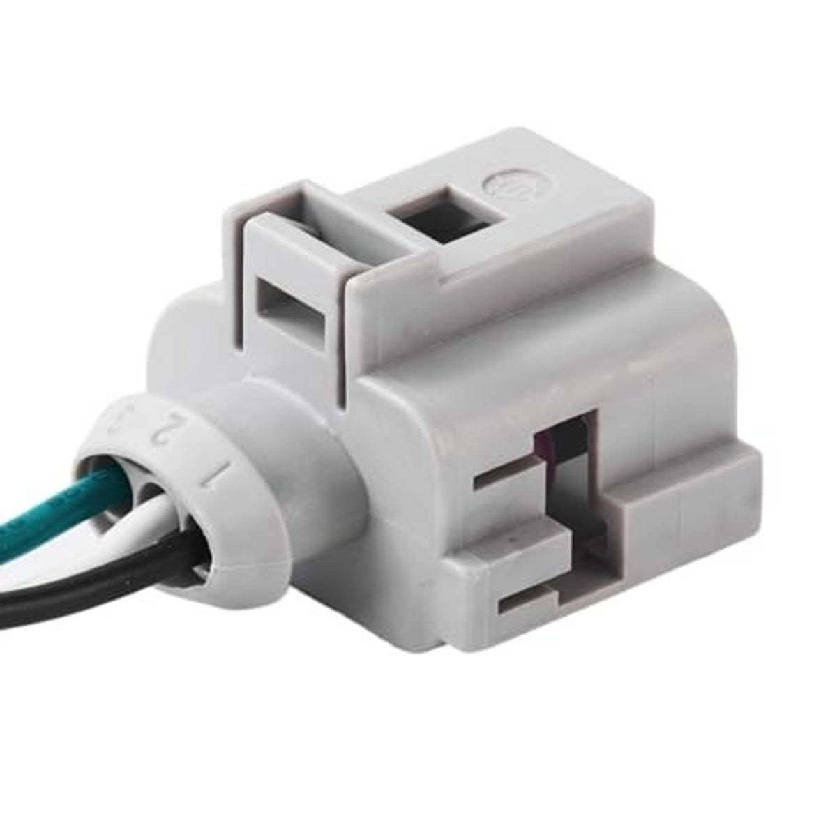 3-pin position sensor connector, side view with internal slots, gray housing