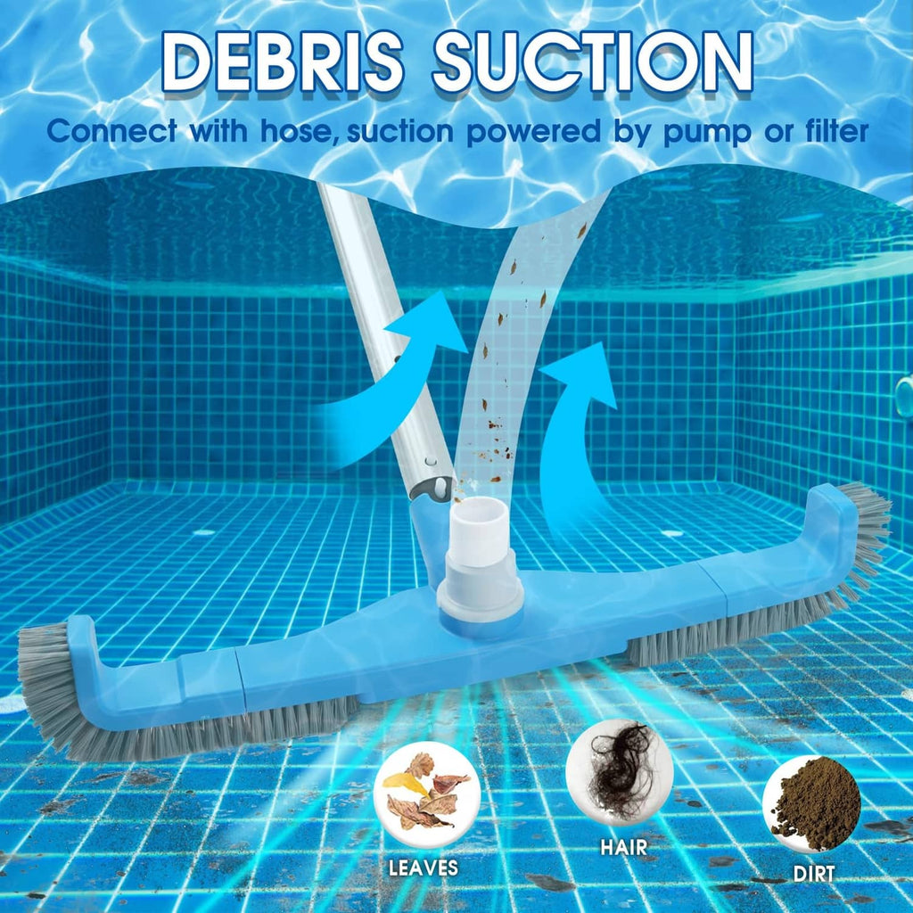 Blue pool vacuum brush head on pool floor with suction inlet and side bristles