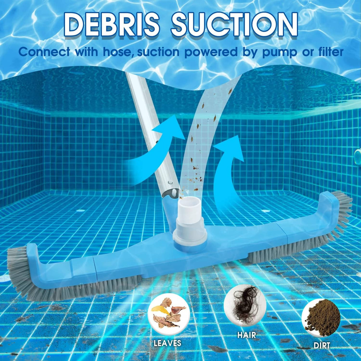 Blue pool vacuum brush head on pool floor with suction inlet and side bristles