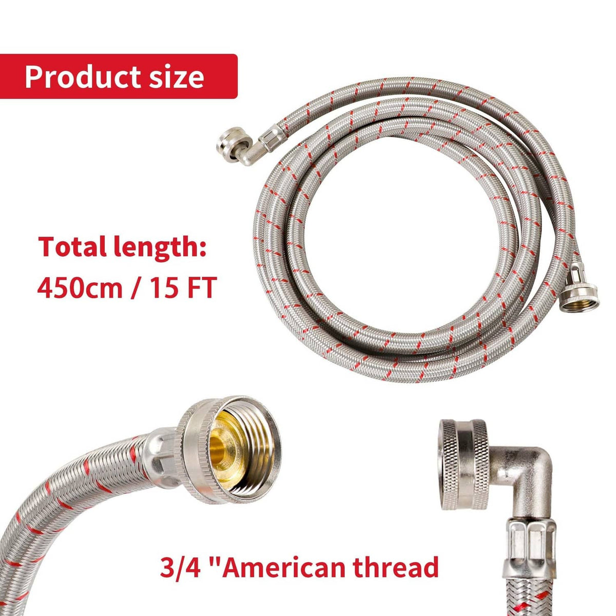 Braided stainless washing machine hose with 3/4 in threaded metal couplings, red