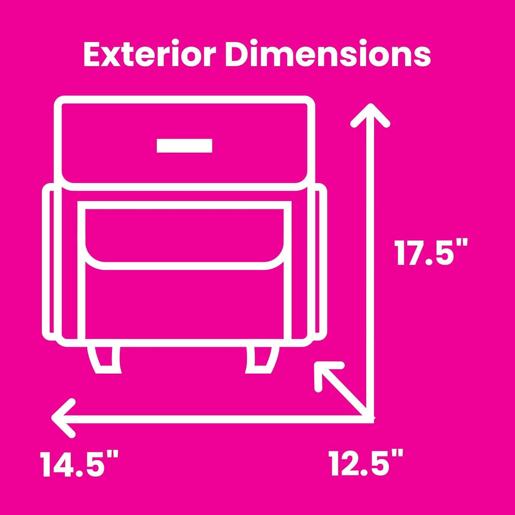 Exterior dimensions diagram for machine tote: 17.5 in high, 14.5 in long, 12.5 in deep