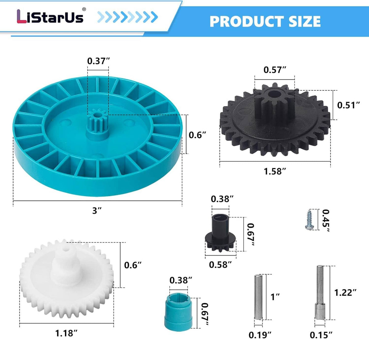 Turquoise and black turbine spindle gear set with white drive gear, plus size diagram