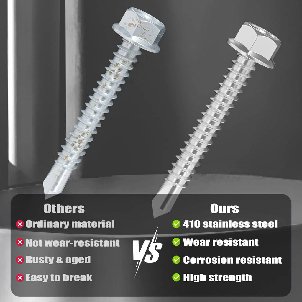 Silver self drilling screws with hex heads and washers on a metal surface