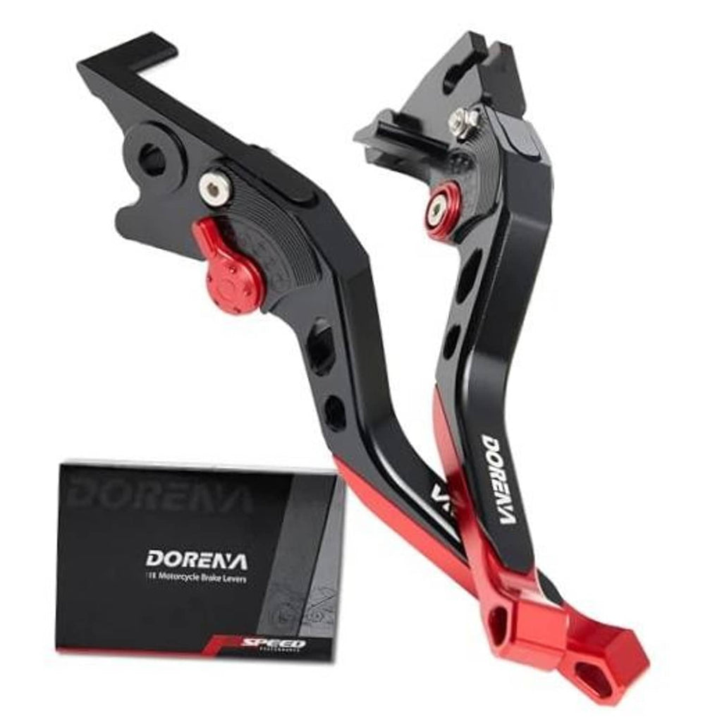 Motorcycle brake and clutch levers set, black with red adjustment parts and hardware