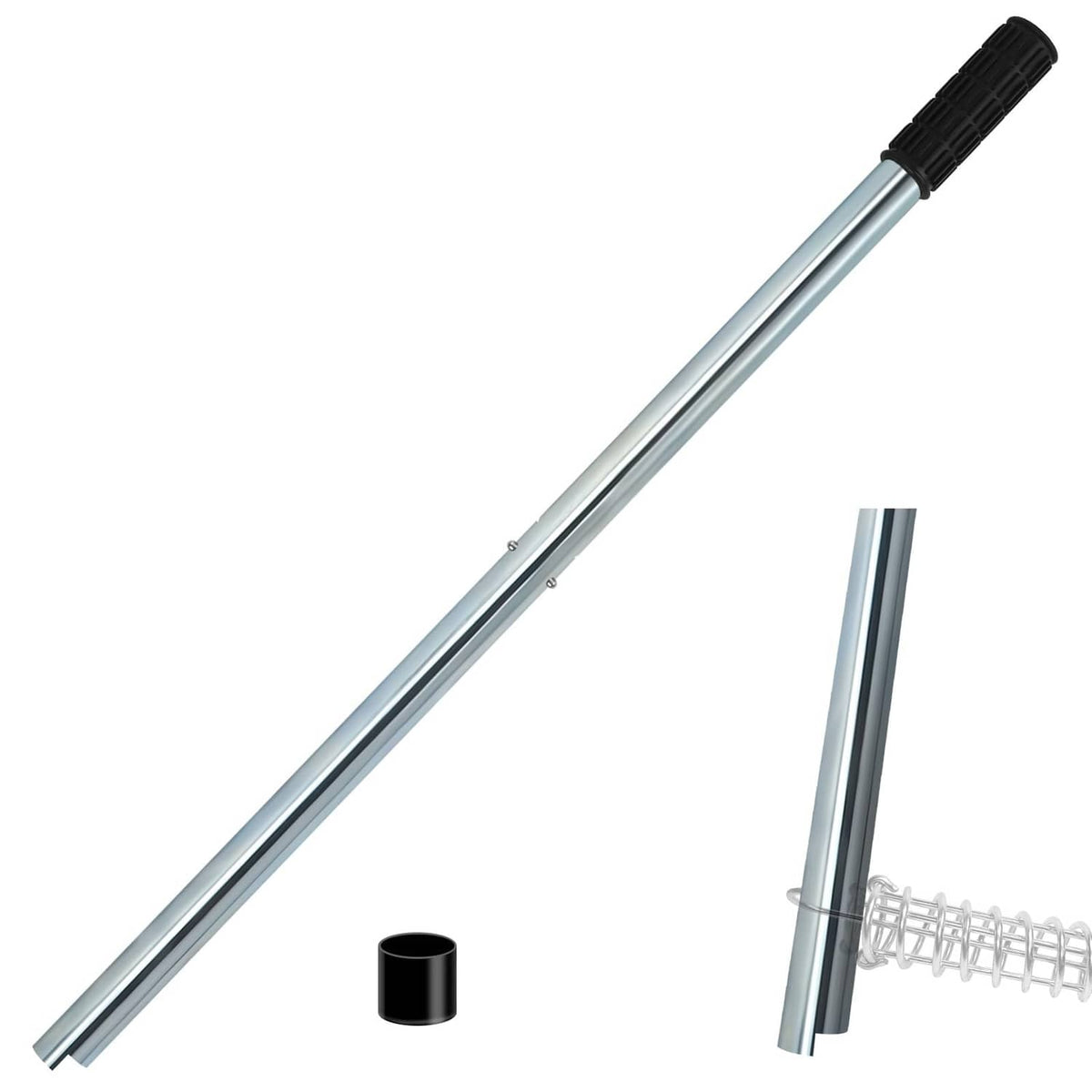 Extra-long silver pool cover tool with black grip and extendable rod